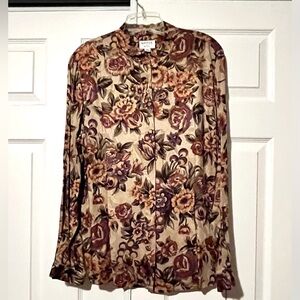 NWT VTG KASPER&CO FLORAL MOTIF LONG SLEEVE SILKY BLOUSE WOMEN SZ 12 Rayon